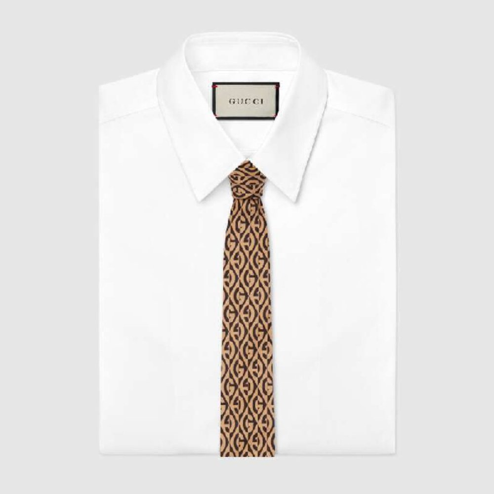 Gucci GG Rhombus Print Silk Tie In Brown - Picture 5 of 5